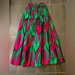 Women’s African Print Maxi Skirt in Bold Pink and Green with Accessory Fabric
